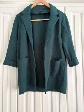 J. Crew Dark Green Wool Cotton Blend Open-Front Knit Sweater Coat Size XS